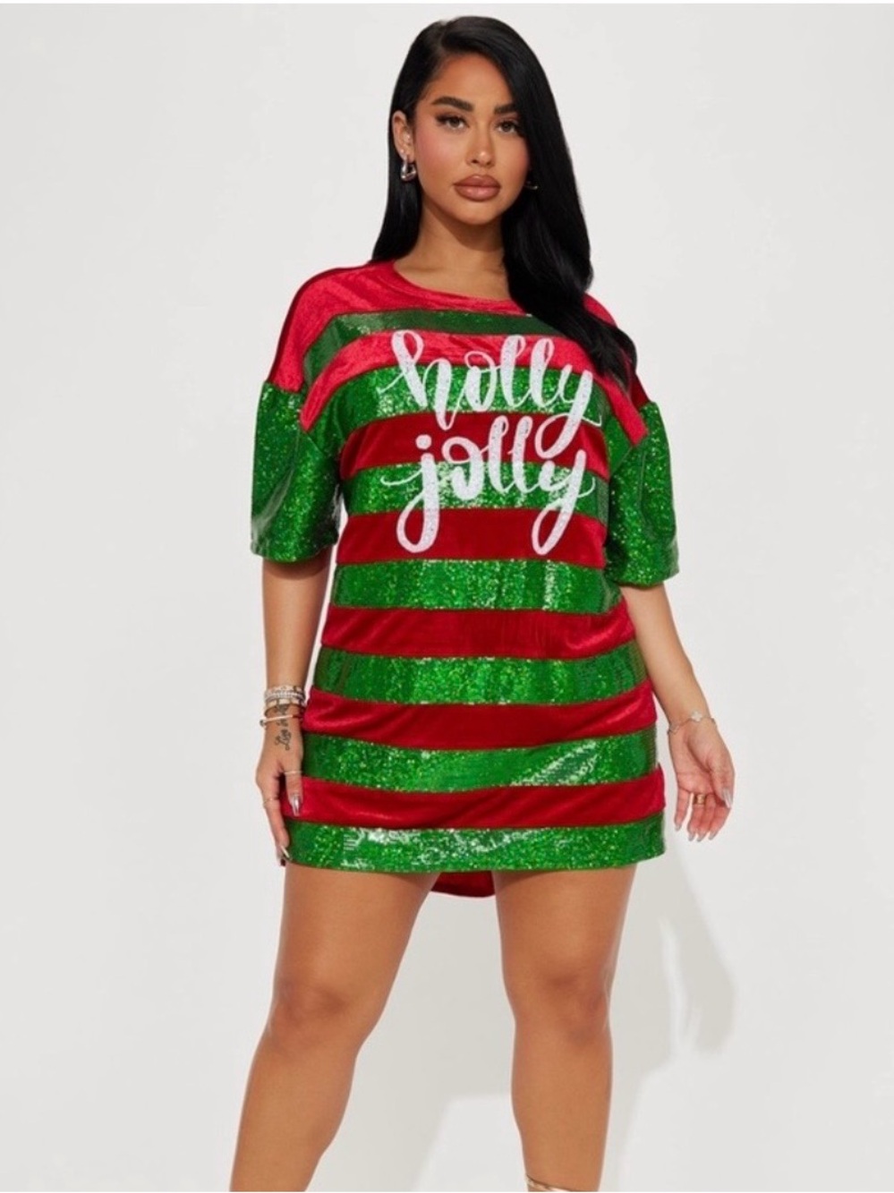 Fantastic Fawn “Holly Jolly” Striped Sequin Velvet Detail Long Top / Dress S